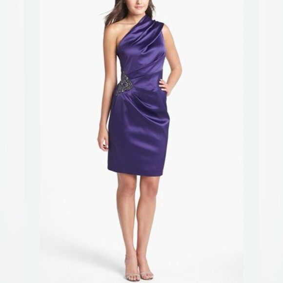 Eliza J One Shoulder Satin Dress with Beaded Detail in Purple - Size 6 - Picture 1 of 7